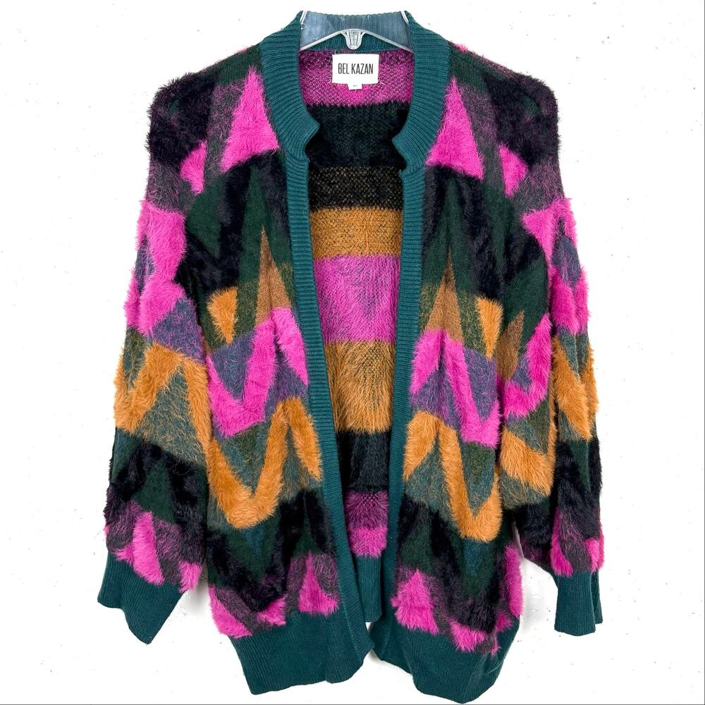 Bel Kazan Anthropologie Chevron Eyelash Cardigan Open Front Pink Green One Size